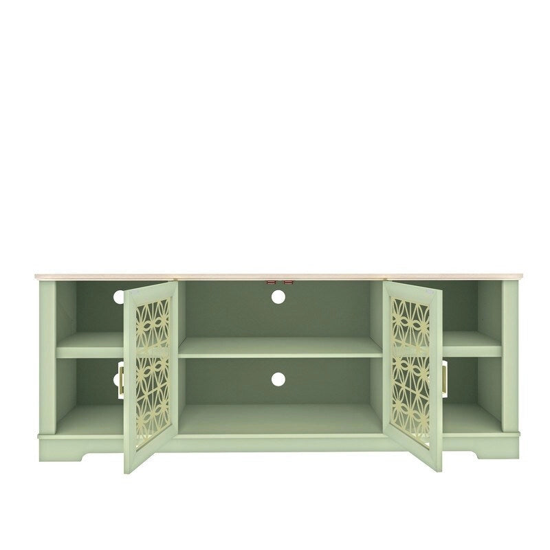 Meuble TV avec portes battantes florales, étagère réglable, convient aux téléviseurs jusqu'à 82 pouces, vert/gris, utilisation par 1 personne