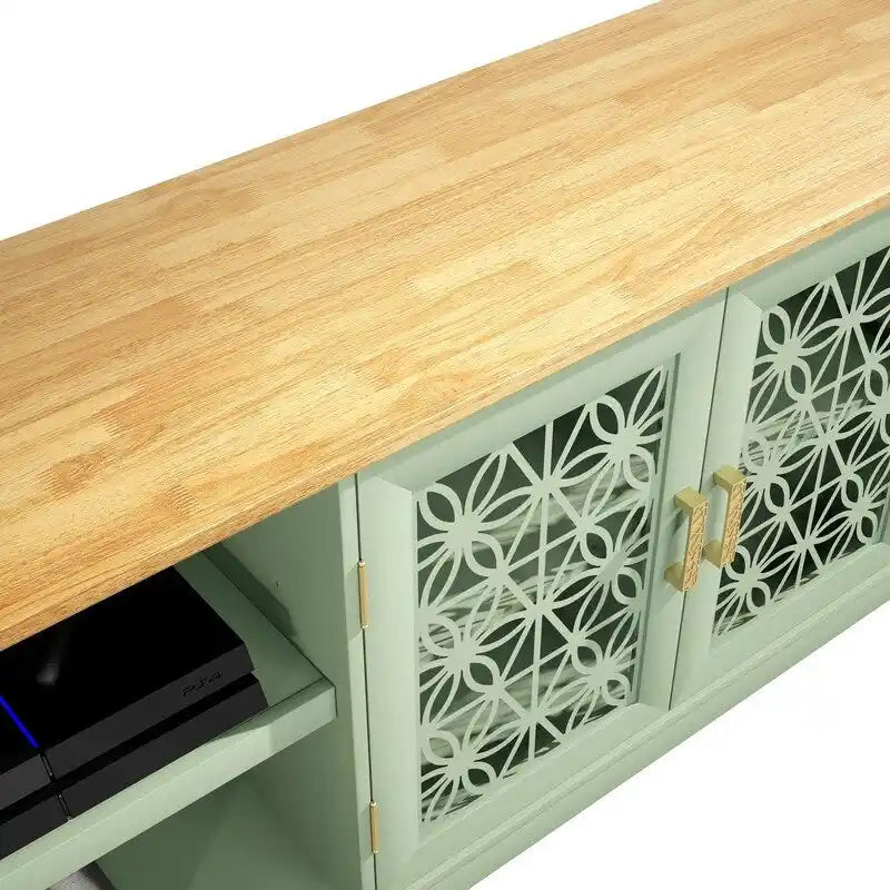 Meuble TV avec portes battantes florales, étagère réglable, convient aux téléviseurs jusqu'à 82 pouces, vert/gris, utilisation par 1 personne