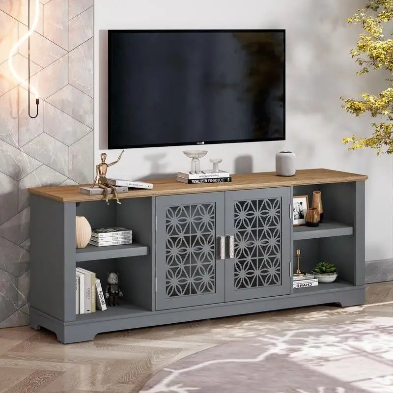 Meuble TV avec portes battantes florales, étagère réglable, convient aux téléviseurs jusqu'à 82 pouces, vert/gris, utilisation par 1 personne