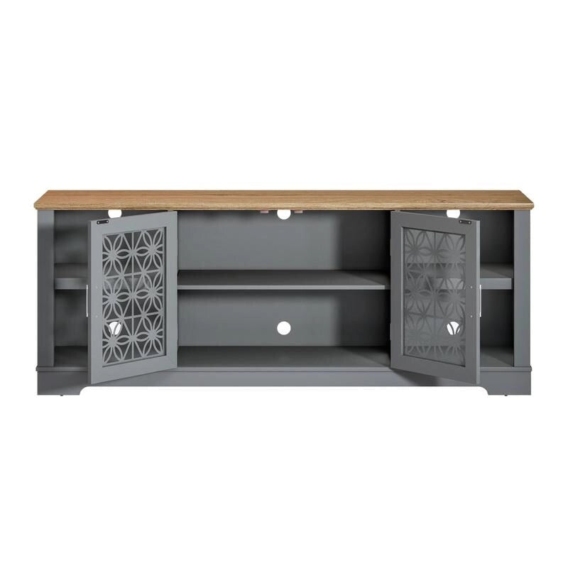Meuble TV avec portes battantes florales, étagère réglable, convient aux téléviseurs jusqu'à 82 pouces, vert/gris, utilisation par 1 personne