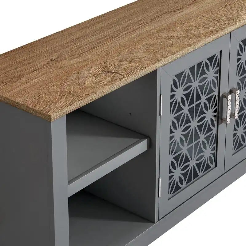 Meuble TV avec portes battantes florales, étagère réglable, convient aux téléviseurs jusqu'à 82 pouces, vert/gris, utilisation par 1 personne