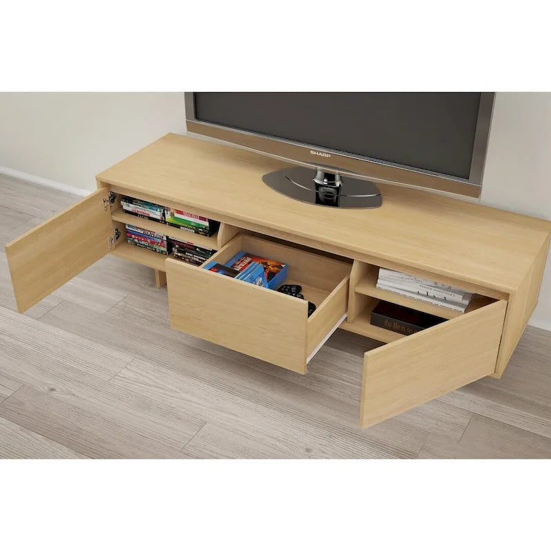Meuble TV de 60 pouces, 2 portes avec étagères réglables, tiroir central, grain de bois, style scandinave, beige / noyer, utilisation par 1 personne