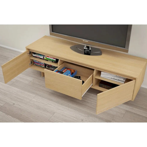 Meuble TV de 60 pouces, 2 portes avec étagères réglables, tiroir central, grain de bois, style scandinave, beige / noyer, utilisation par 1 personne