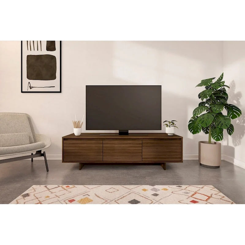 Meuble TV de 60 pouces, 2 portes avec étagères réglables, tiroir central, grain de bois, style scandinave, beige / noyer, utilisation par 1 personne