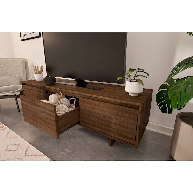 Meuble TV de 60 pouces, 2 portes avec étagères réglables, tiroir central, grain de bois, style scandinave, beige / noyer, utilisation par 1 personne