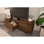 Meuble TV de 60 pouces, 2 portes avec étagères réglables, tiroir central, grain de bois, style scandinave, beige / noyer, utilisation par 1 personne