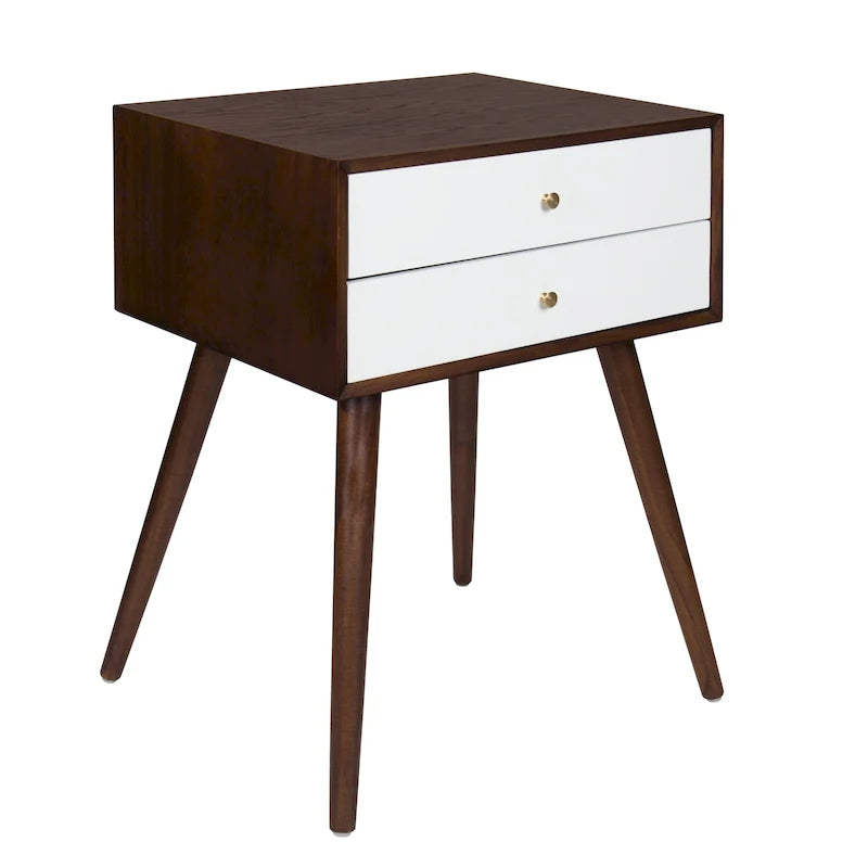 Table de chevet de style Mid-Century, 2 tiroirs, pieds fuselés, bois et bois manufacturé, noyer / blanc / gris / noir, pour 1 personne