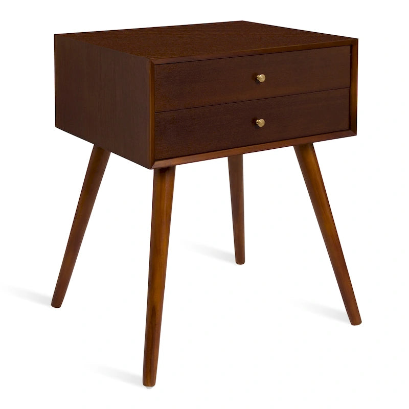 Table de chevet de style Mid-Century, 2 tiroirs, pieds fuselés, bois et bois manufacturé, noyer / blanc / gris / noir, pour 1 personne