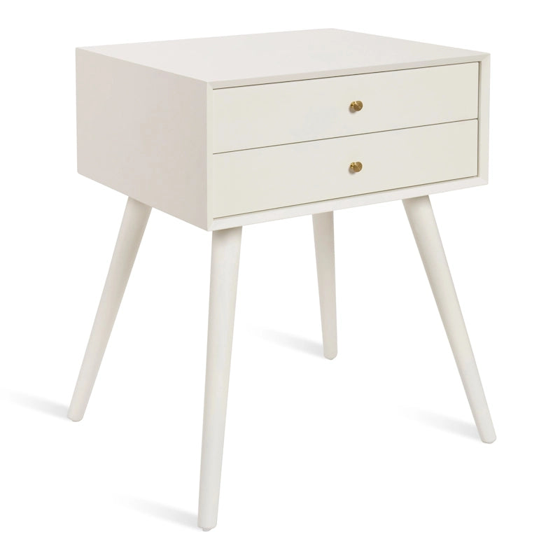 Table de chevet de style Mid-Century, 2 tiroirs, pieds fuselés, bois et bois manufacturé, noyer / blanc / gris / noir, pour 1 personne