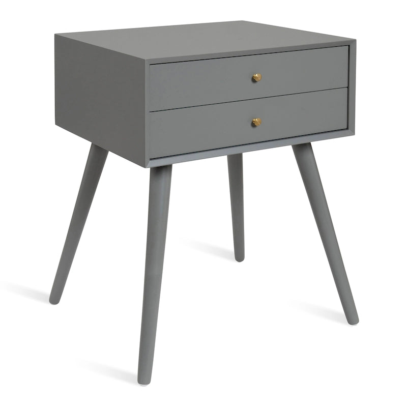 Table de chevet de style Mid-Century, 2 tiroirs, pieds fuselés, bois et bois manufacturé, noyer / blanc / gris / noir, pour 1 personne