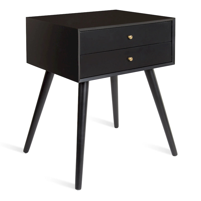 Table de chevet de style Mid-Century, 2 tiroirs, pieds fuselés, bois et bois manufacturé, noyer / blanc / gris / noir, pour 1 personne