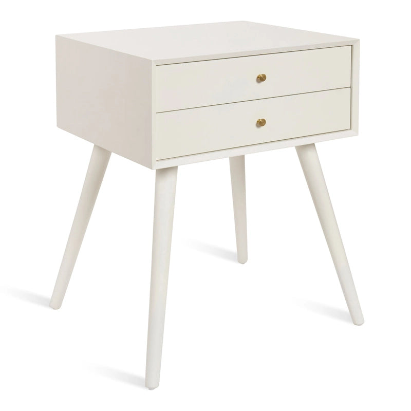 Table de chevet de style Mid-Century, 2 tiroirs, pieds fuselés, bois et bois manufacturé, noyer / blanc / gris / noir, pour 1 personne