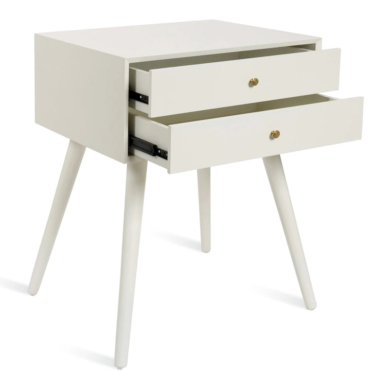 Table de chevet de style Mid-Century, 2 tiroirs, pieds fuselés, bois et bois manufacturé, noyer / blanc / gris / noir, pour 1 personne