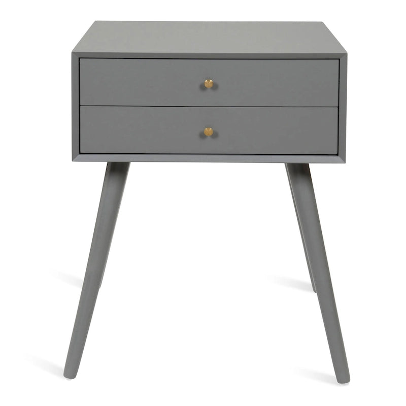 Table de chevet de style Mid-Century, 2 tiroirs, pieds fuselés, bois et bois manufacturé, noyer / blanc / gris / noir, pour 1 personne