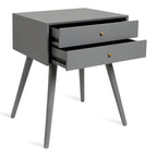 Table de chevet de style Mid-Century, 2 tiroirs, pieds fuselés, bois et bois manufacturé, noyer / blanc / gris / noir, pour 1 personne