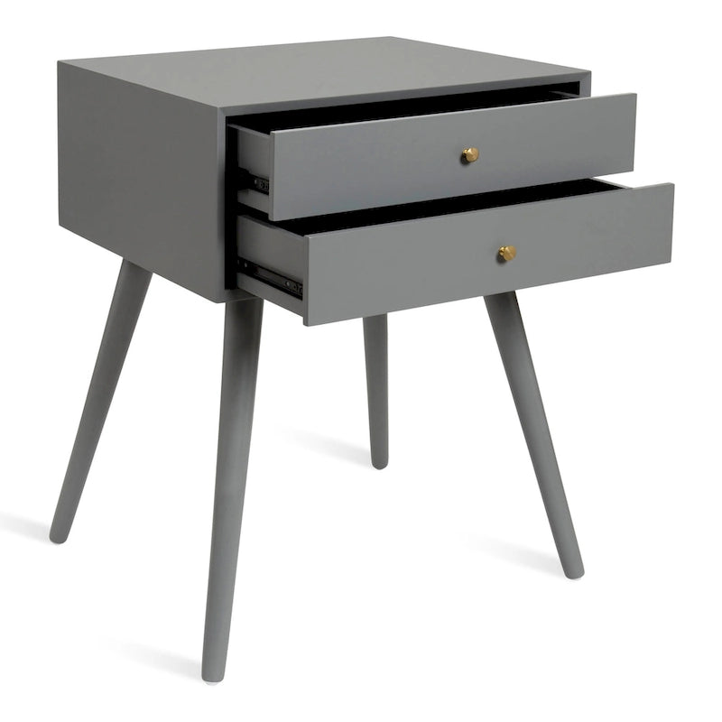 Table de chevet de style Mid-Century, 2 tiroirs, pieds fuselés, bois et bois manufacturé, noyer / blanc / gris / noir, pour 1 personne