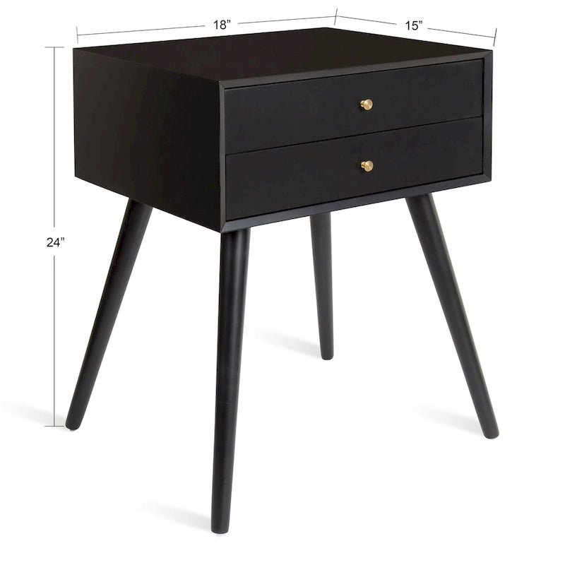 Table de chevet de style Mid-Century, 2 tiroirs, pieds fuselés, bois et bois manufacturé, noyer / blanc / gris / noir, pour 1 personne