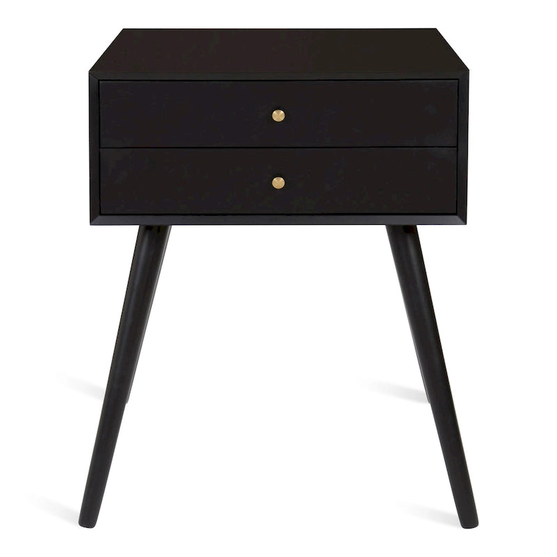 Table de chevet de style Mid-Century, 2 tiroirs, pieds fuselés, bois et bois manufacturé, noyer / blanc / gris / noir, pour 1 personne