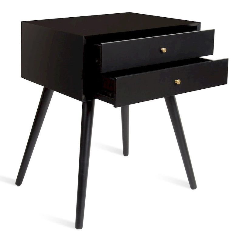 Table de chevet de style Mid-Century, 2 tiroirs, pieds fuselés, bois et bois manufacturé, noyer / blanc / gris / noir, pour 1 personne
