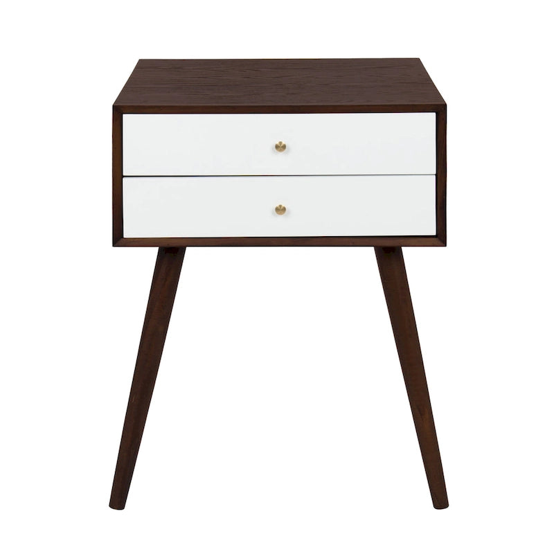 Table de chevet de style Mid-Century, 2 tiroirs, pieds fuselés, bois et bois manufacturé, noyer / blanc / gris / noir, pour 1 personne