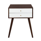 Table de chevet de style Mid-Century, 2 tiroirs, pieds fuselés, bois et bois manufacturé, noyer / blanc / gris / noir, pour 1 personne