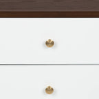 Table de chevet de style Mid-Century, 2 tiroirs, pieds fuselés, bois et bois manufacturé, noyer / blanc / gris / noir, pour 1 personne