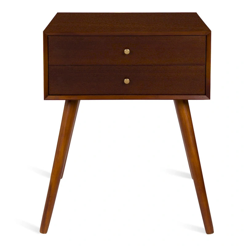 Table de chevet de style Mid-Century, 2 tiroirs, pieds fuselés, bois et bois manufacturé, noyer / blanc / gris / noir, pour 1 personne