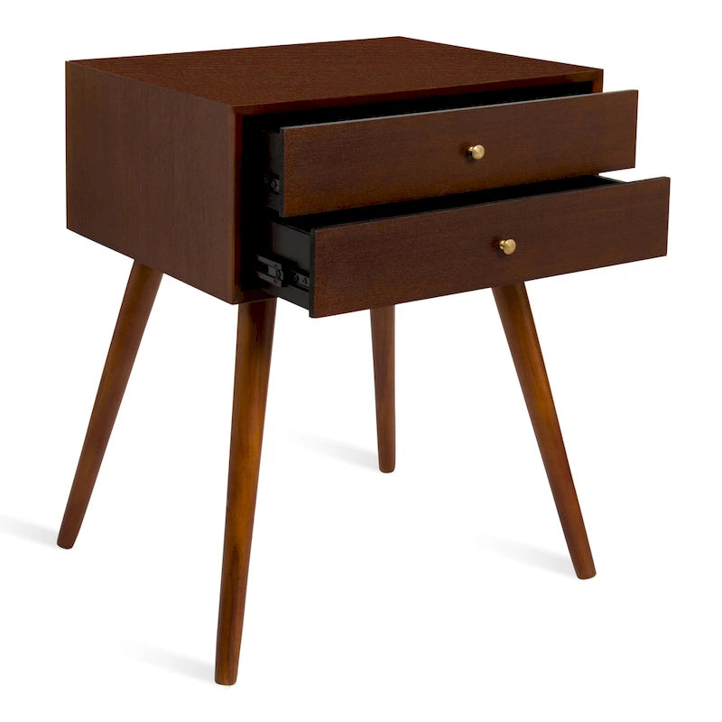Table de chevet de style Mid-Century, 2 tiroirs, pieds fuselés, bois et bois manufacturé, noyer / blanc / gris / noir, pour 1 personne