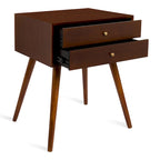 Table de chevet de style Mid-Century, 2 tiroirs, pieds fuselés, bois et bois manufacturé, noyer / blanc / gris / noir, pour 1 personne