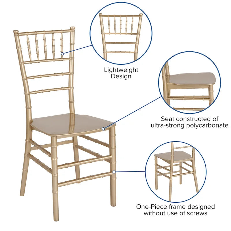 Chaise Chiavari, Résine et polycarbonate, Empilable, Intérieur et extérieur, Capacité de 450 kg, Acajou / Noir / Or Rose / Argent / Blanc / Or / Champagne, Usage individuel