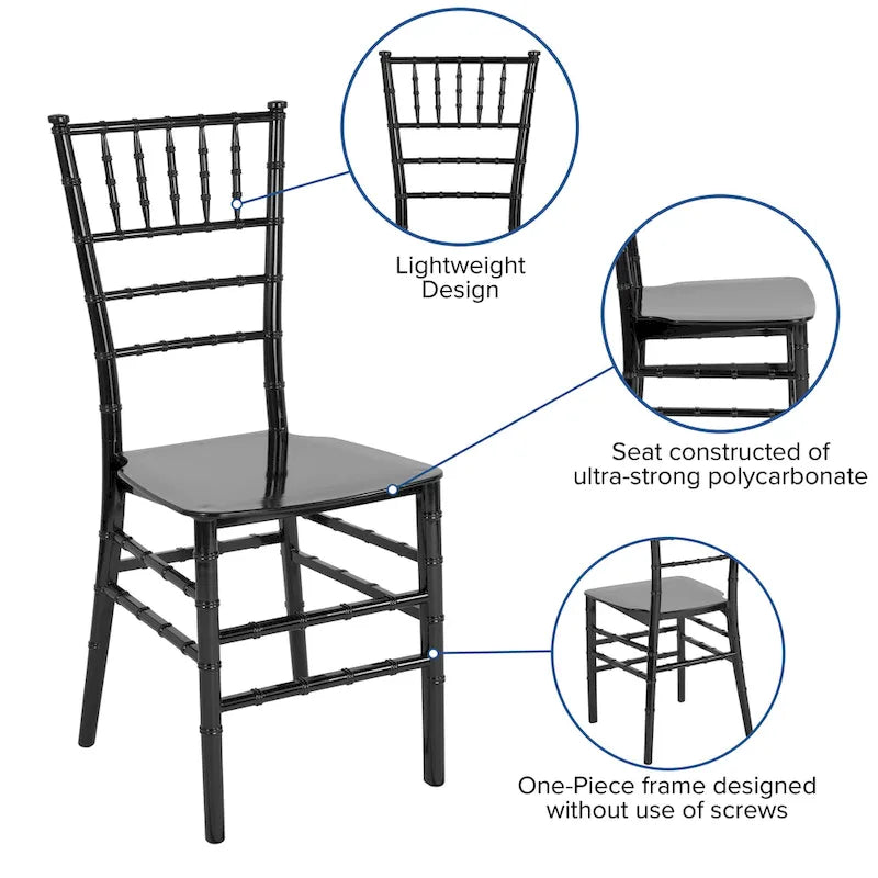 Chaise Chiavari, Résine et polycarbonate, Empilable, Intérieur et extérieur, Capacité de 450 kg, Acajou / Noir / Or Rose / Argent / Blanc / Or / Champagne, Usage individuel