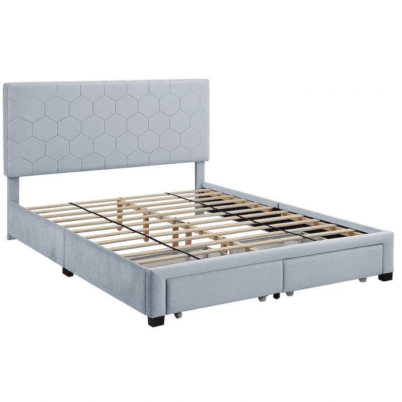 Lit plateforme rembourré, tête de lit surpiquée en hexagone, 2 tiroirs sous le lit, 12 lattes, tissu velours, gris clair, Grand Lit / Très Grand Lit, Utilisation pour 2 personnes