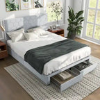 Lit plateforme rembourré, tête de lit surpiquée en hexagone, 2 tiroirs sous le lit, 12 lattes, tissu velours, gris clair, Grand Lit / Très Grand Lit, Utilisation pour 2 personnes