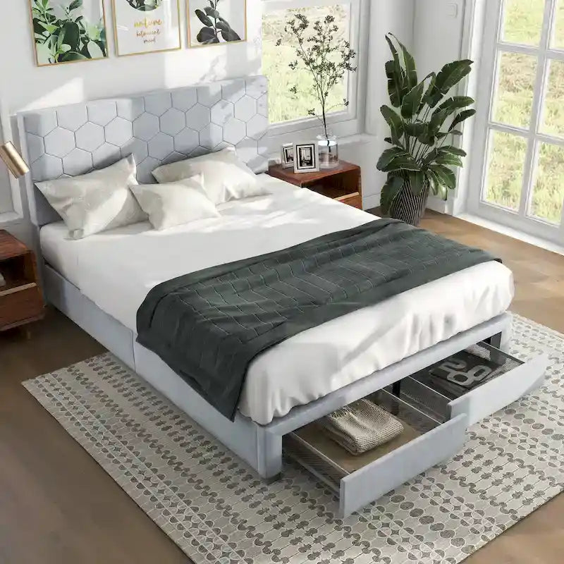 Lit plateforme rembourré, tête de lit surpiquée en hexagone, 2 tiroirs sous le lit, 12 lattes, tissu velours, gris clair, Grand Lit / Très Grand Lit, Utilisation pour 2 personnes