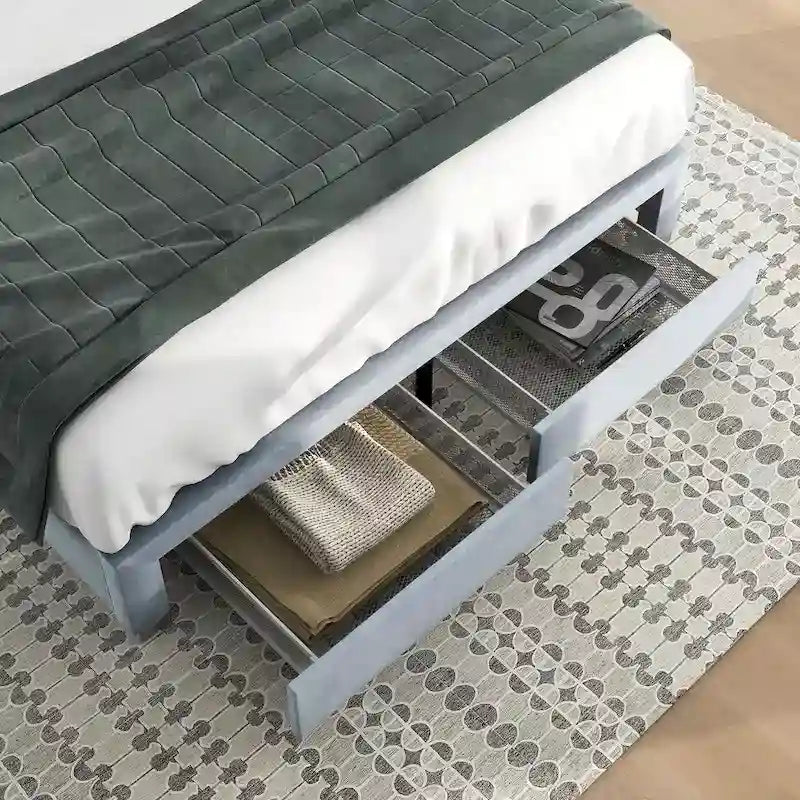 Lit plateforme rembourré, tête de lit surpiquée en hexagone, 2 tiroirs sous le lit, 12 lattes, tissu velours, gris clair, Grand Lit / Très Grand Lit, Utilisation pour 2 personnes