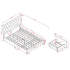 Lit plateforme rembourré, tête de lit surpiquée en hexagone, 2 tiroirs sous le lit, 12 lattes, tissu velours, gris clair, Grand Lit / Très Grand Lit, Utilisation pour 2 personnes
