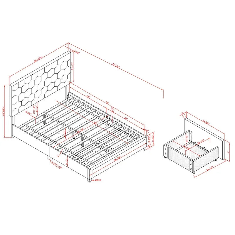 Lit plateforme rembourré, tête de lit surpiquée en hexagone, 2 tiroirs sous le lit, 12 lattes, tissu velours, gris clair, Grand Lit / Très Grand Lit, Utilisation pour 2 personnes