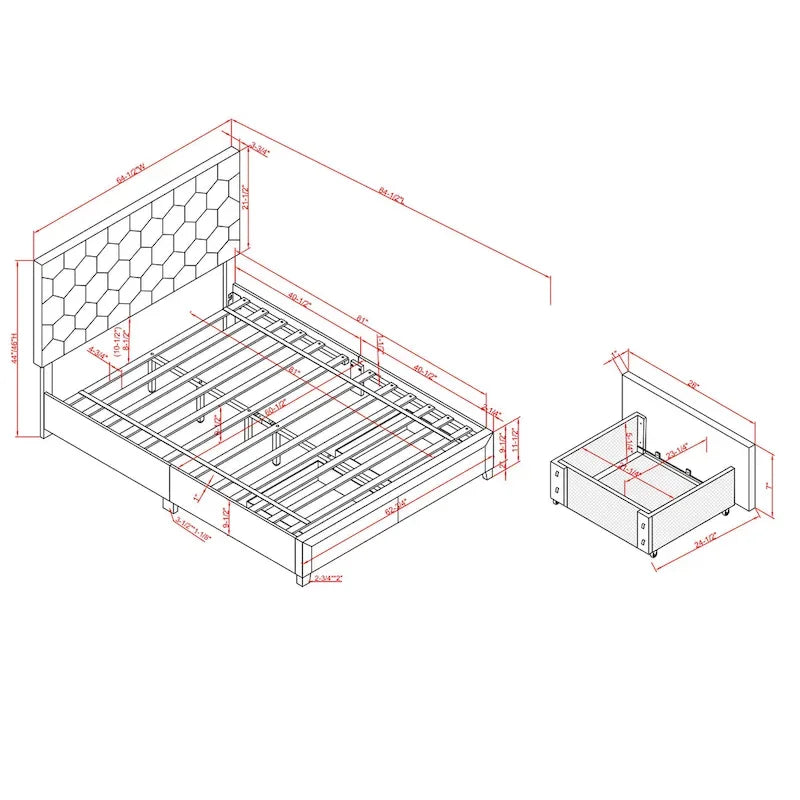 Lit plateforme rembourré, tête de lit surpiquée en hexagone, 2 tiroirs sous le lit, 12 lattes, tissu velours, gris clair, Grand Lit / Très Grand Lit, Utilisation pour 2 personnes