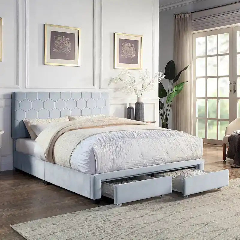 Lit plateforme rembourré, tête de lit surpiquée en hexagone, 2 tiroirs sous le lit, 12 lattes, tissu velours, gris clair, Grand Lit / Très Grand Lit, Utilisation pour 2 personnes