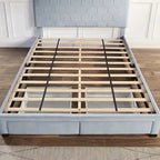 Lit plateforme rembourré, tête de lit surpiquée en hexagone, 2 tiroirs sous le lit, 12 lattes, tissu velours, gris clair, Grand Lit / Très Grand Lit, Utilisation pour 2 personnes