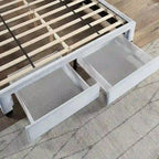 Lit plateforme rembourré, tête de lit surpiquée en hexagone, 2 tiroirs sous le lit, 12 lattes, tissu velours, gris clair, Grand Lit / Très Grand Lit, Utilisation pour 2 personnes
