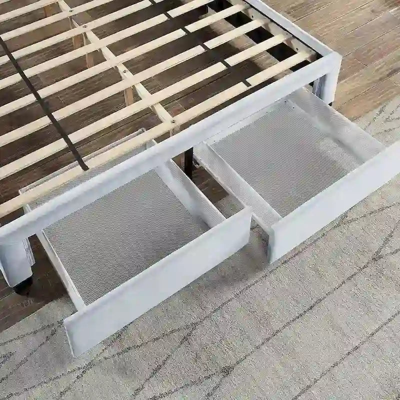 Lit plateforme rembourré, tête de lit surpiquée en hexagone, 2 tiroirs sous le lit, 12 lattes, tissu velours, gris clair, Grand Lit / Très Grand Lit, Utilisation pour 2 personnes