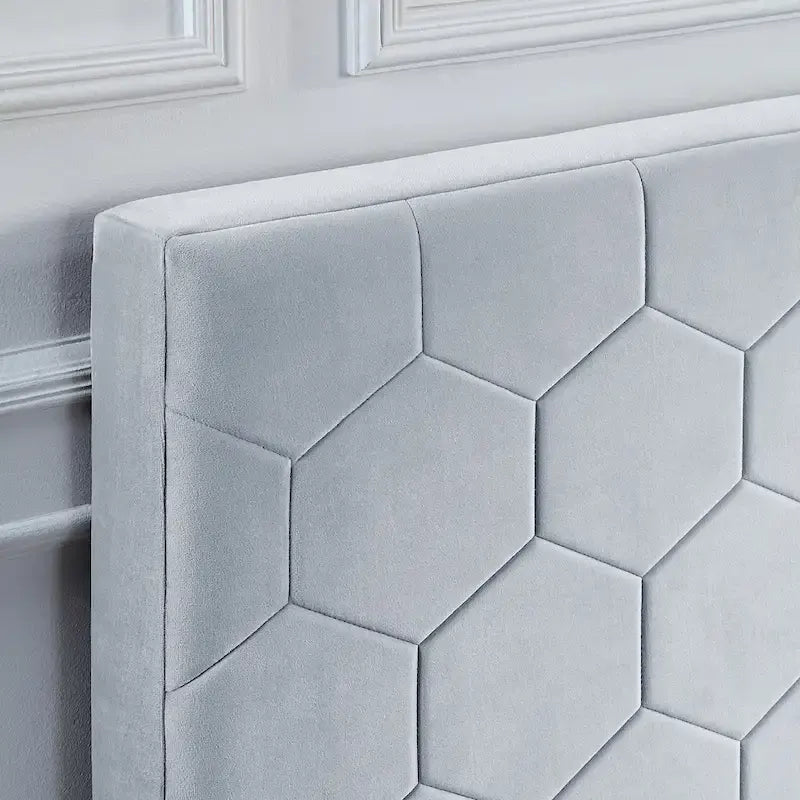 Lit plateforme rembourré, tête de lit surpiquée en hexagone, 2 tiroirs sous le lit, 12 lattes, tissu velours, gris clair, Grand Lit / Très Grand Lit, Utilisation pour 2 personnes