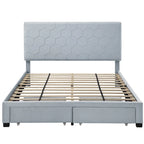 Lit plateforme rembourré, tête de lit surpiquée en hexagone, 2 tiroirs sous le lit, 12 lattes, tissu velours, gris clair, Grand Lit / Très Grand Lit, Utilisation pour 2 personnes
