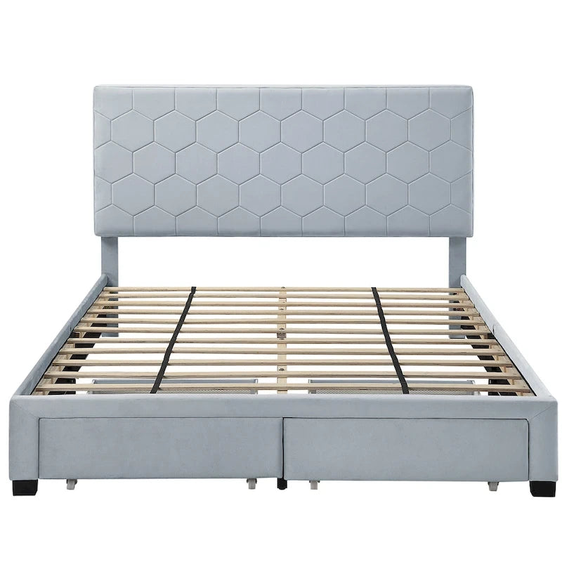 Lit plateforme rembourré, tête de lit surpiquée en hexagone, 2 tiroirs sous le lit, 12 lattes, tissu velours, gris clair, Grand Lit / Très Grand Lit, Utilisation pour 2 personnes