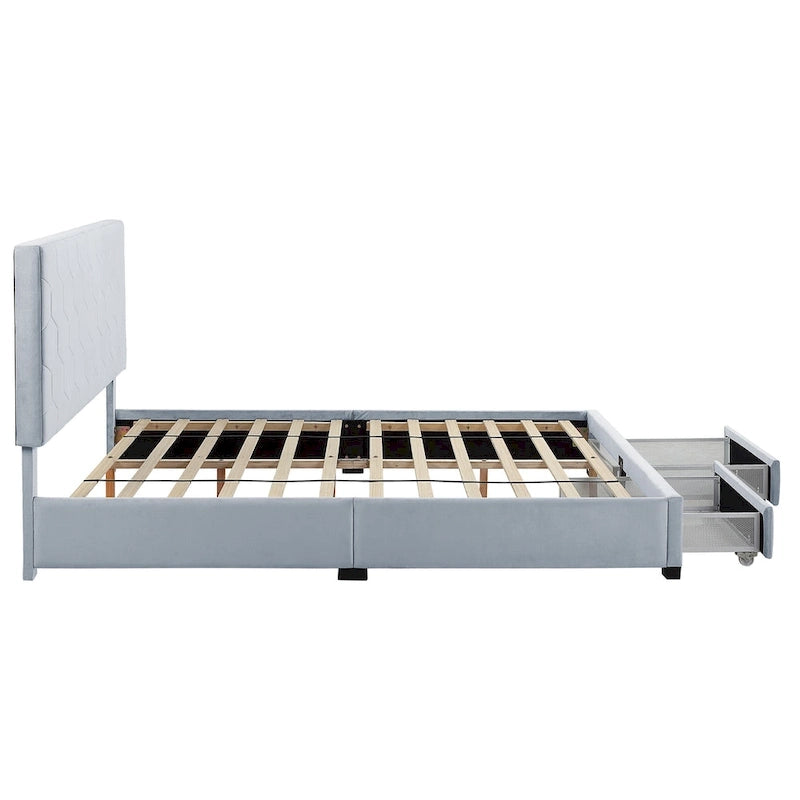 Lit plateforme rembourré, tête de lit surpiquée en hexagone, 2 tiroirs sous le lit, 12 lattes, tissu velours, gris clair, Grand Lit / Très Grand Lit, Utilisation pour 2 personnes