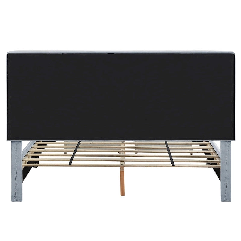 Lit plateforme rembourré, tête de lit surpiquée en hexagone, 2 tiroirs sous le lit, 12 lattes, tissu velours, gris clair, Grand Lit / Très Grand Lit, Utilisation pour 2 personnes