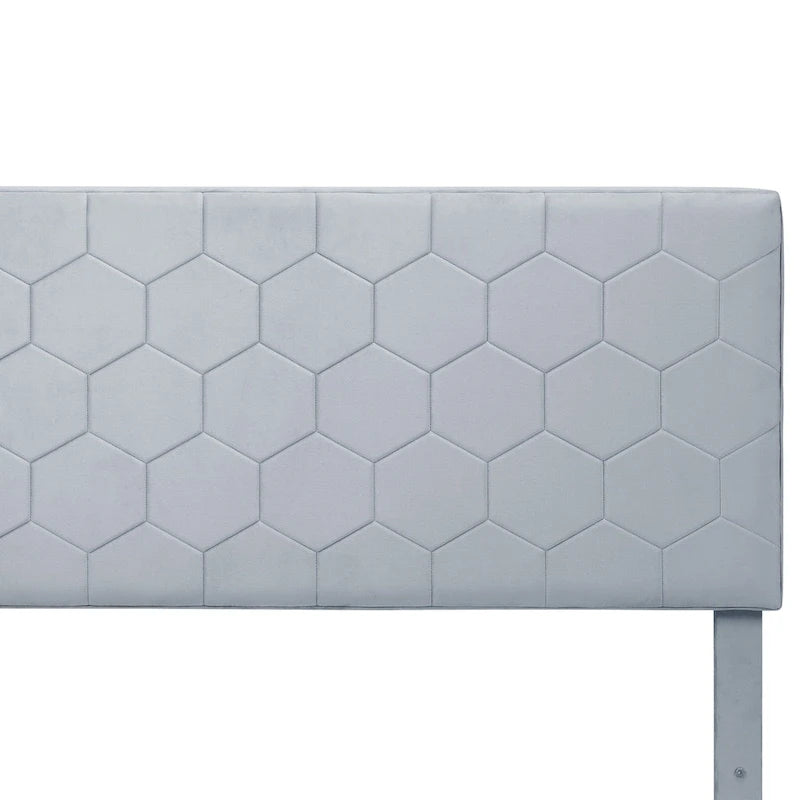 Lit plateforme rembourré, tête de lit surpiquée en hexagone, 2 tiroirs sous le lit, 12 lattes, tissu velours, gris clair, Grand Lit / Très Grand Lit, Utilisation pour 2 personnes