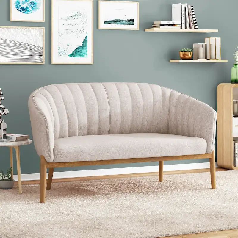 Causeuse, style Mid-Century Modern, surpiqûres horizontales, dossier incurvé, revêtement en tissu, pieds évasés en bois, beige / anthracite / gris brumeux / sarcelle / rose clair, 2 places