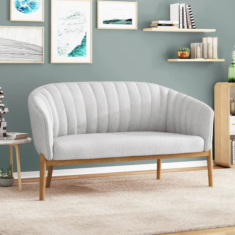 Causeuse, style Mid-Century Modern, surpiqûres horizontales, dossier incurvé, revêtement en tissu, pieds évasés en bois, beige / anthracite / gris brumeux / sarcelle / rose clair, 2 places